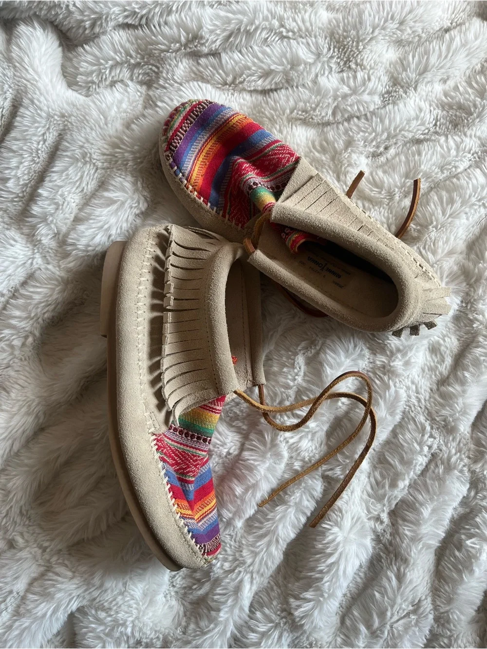 Minnetonka Beige Suede Moccasins with Multicolor Woven Toe